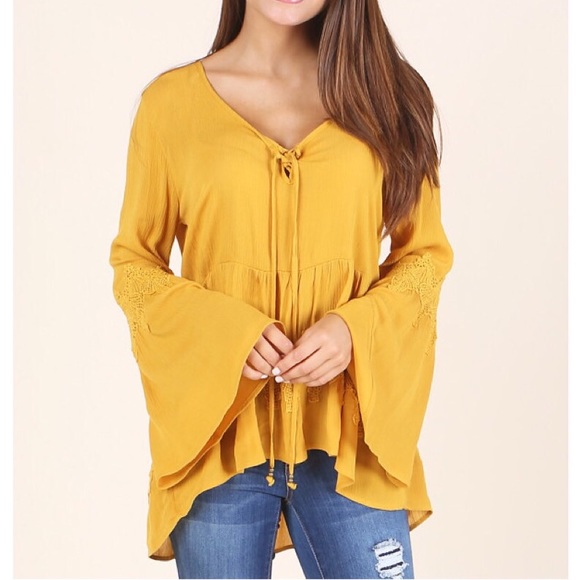 Altar'd State Tops - Altar’d State Flowy Crochet Bell Sleeve Tie Blouse